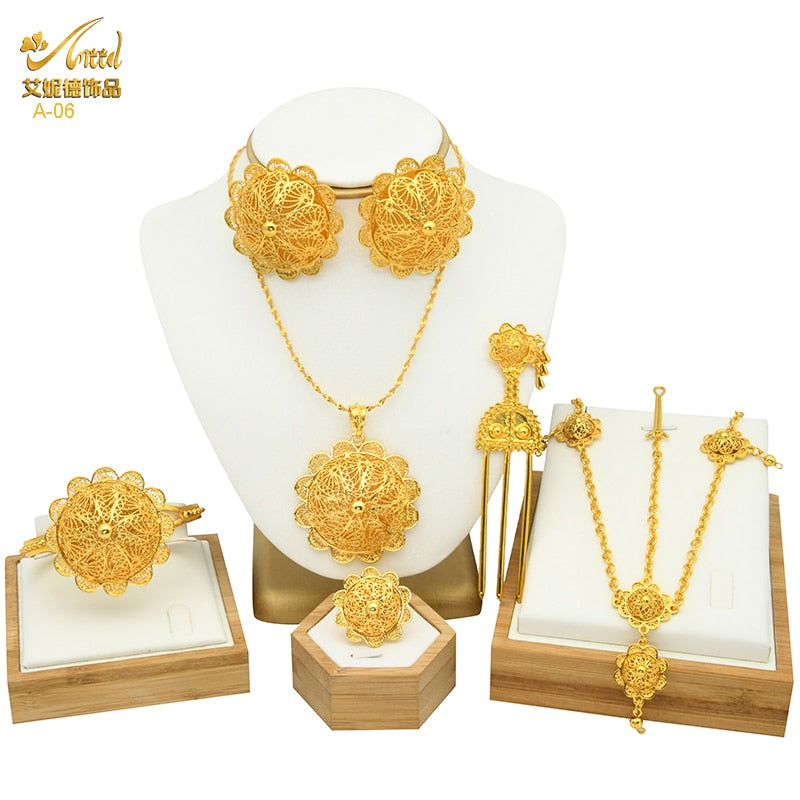 Women's six Piece Ethiopian Flower Shape Plated Jewelry Sets Nigerian Wedding Party Gifts Luxury Necklace Set