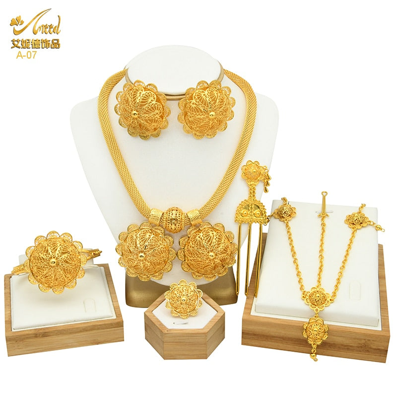 Women's six Piece Ethiopian Flower Shape Plated Jewelry Sets Nigerian Wedding Party Gifts Luxury Necklace Set