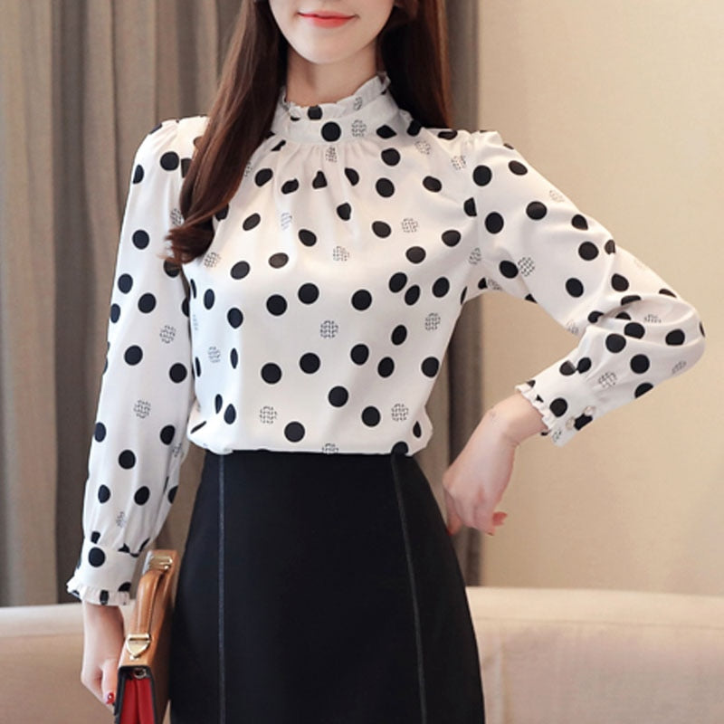 2023 Autumn Fashion Women Chiffon Shirts Long Sleeve Polka Dot Women Blouses Casual Stand Collar Women Tops 6113 50