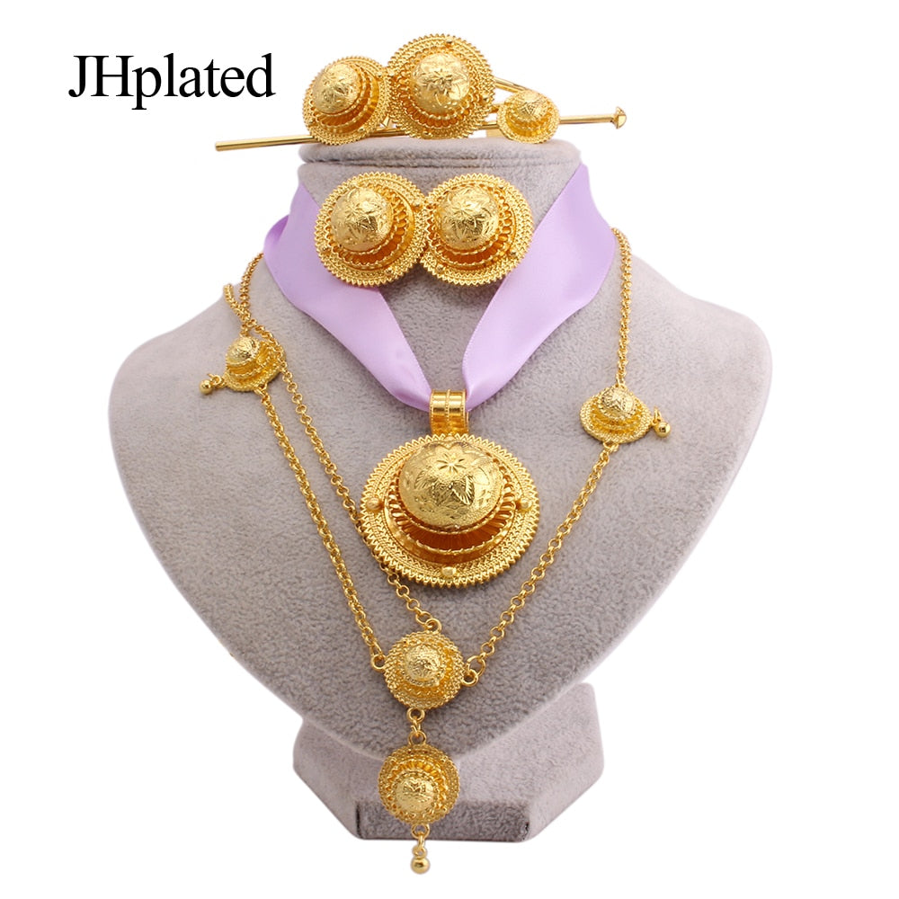 Luxury Gold plated bridal Jewelry sets for women Ethiopian Red rope pendant Hairpin necklace earrings bracelet ring wedding gift