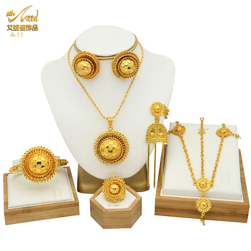 Women's six Piece Ethiopian Flower Shape Plated Jewelry Sets Nigerian Wedding Party Gifts Luxury Necklace Set