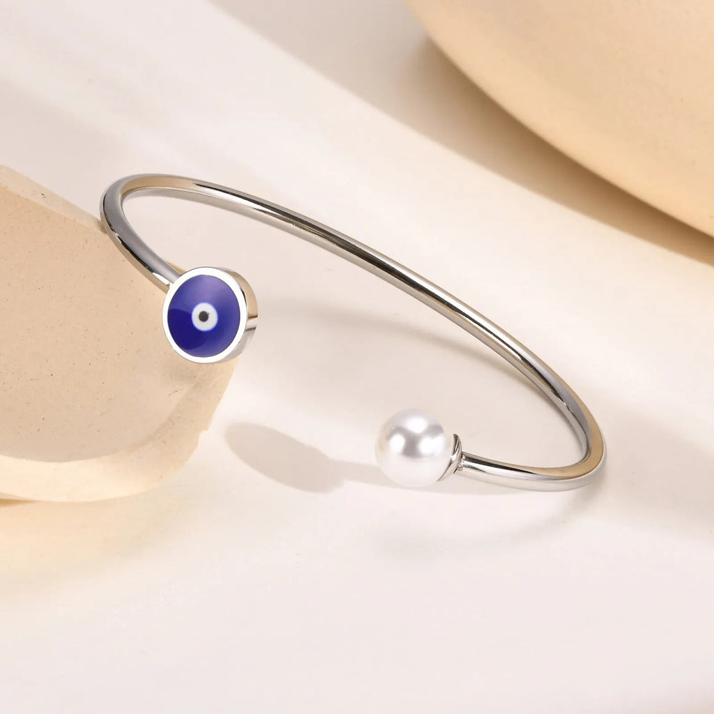 Blue Evil Eyes Open Cuff Bangle Bracelet With Pearl For Children Kids Baby Girls Women Adjustable Resize Protection Jewelry