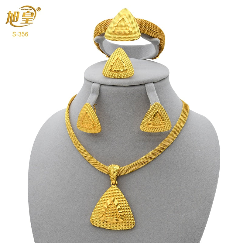 XUHUANG African Necklaces Bracelets Earing Sets Nigerian Wedding Jewelry Set Ethiopian Gold Colour Necklace Jewellery Set Gifts