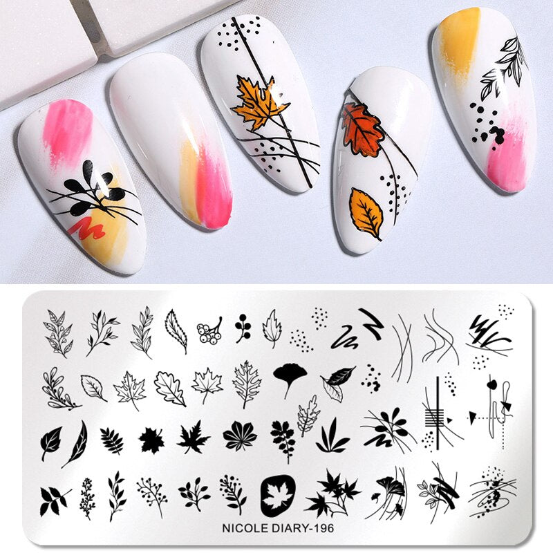 NICOLE DIARY Leaves Flower Stripe Design Stamping Plates Abstract Lady Face Nail Stamp Templates Leaf Floral Printing Stencil