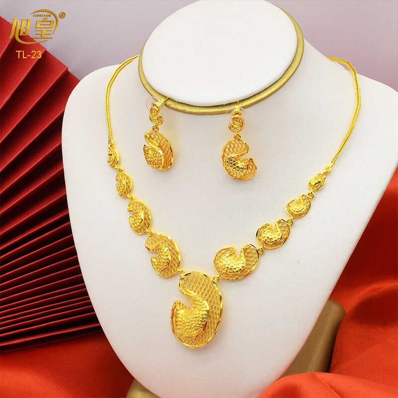 XUHUANG Dubai 24K Plated Necklace Earring Set Arabic Ethiopian Nigerian Banquet Wedding Party Necklace Choker Jewellery Set Gift