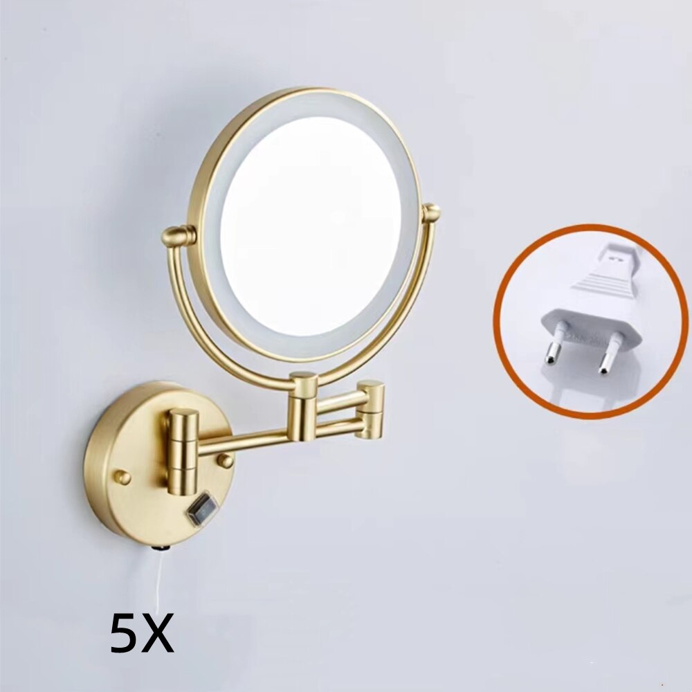 Makeup Mirrors Black/Brushed Gold Brass Wall Extending Folding Double Side LED Light Mirror 3 X/5X/10X Magnification Bath Mirror