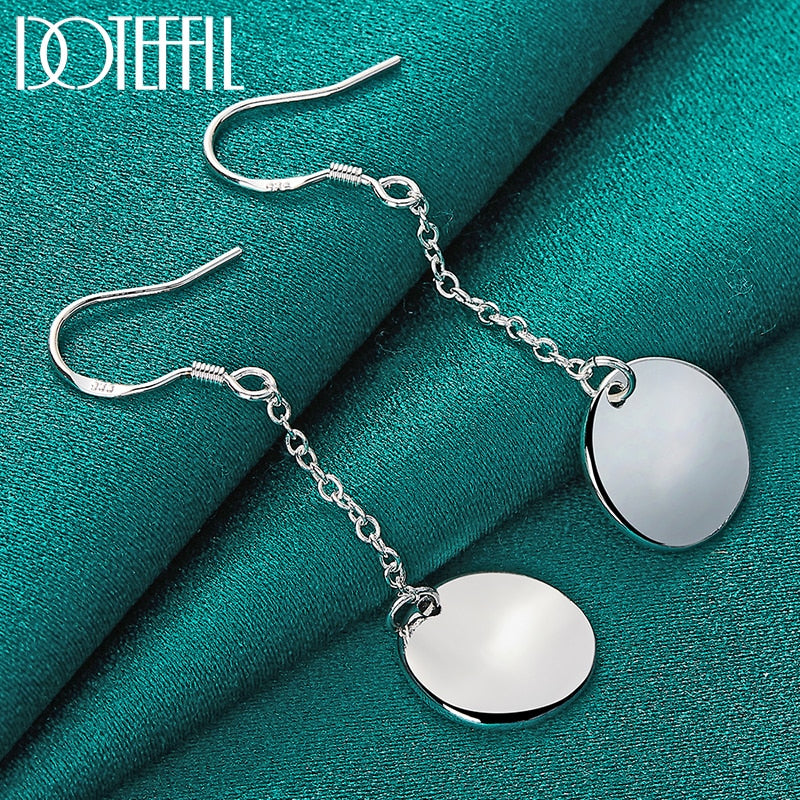 DOTEFFIL 925 Sterling Silver Smooth Bump Round Long Drop Earrings For Woman Wedding Engagement Fashion Party Charm Jewelry