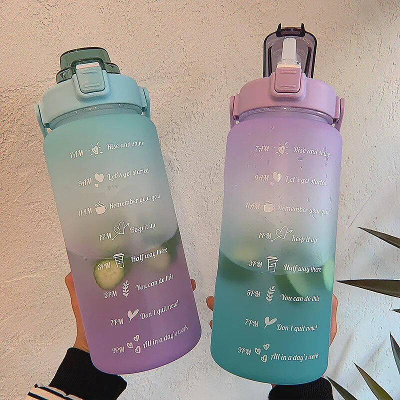 2L Large Capacity Water Bottle With Bounce Cover Time Scale Reminder Frosted Leakproof Cup For Outdoor Sports Fitness