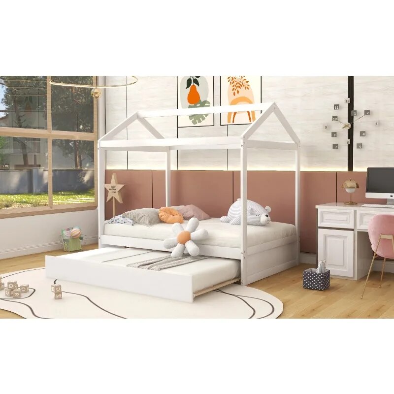 Pine Wood Full Size Beach House Bed with Trundle for Kids Bedroom, White