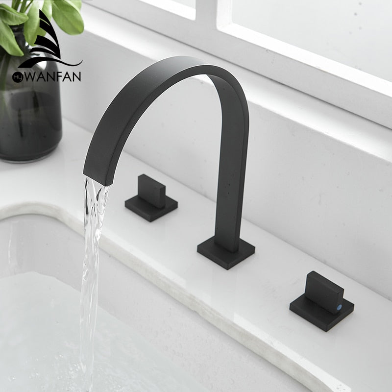 Basin Faucets Brass Polished Black Deck Mounted Square Bathroom Sink Faucets 3 Hole Double Handle Hot And Cold Water Tap LT-109R