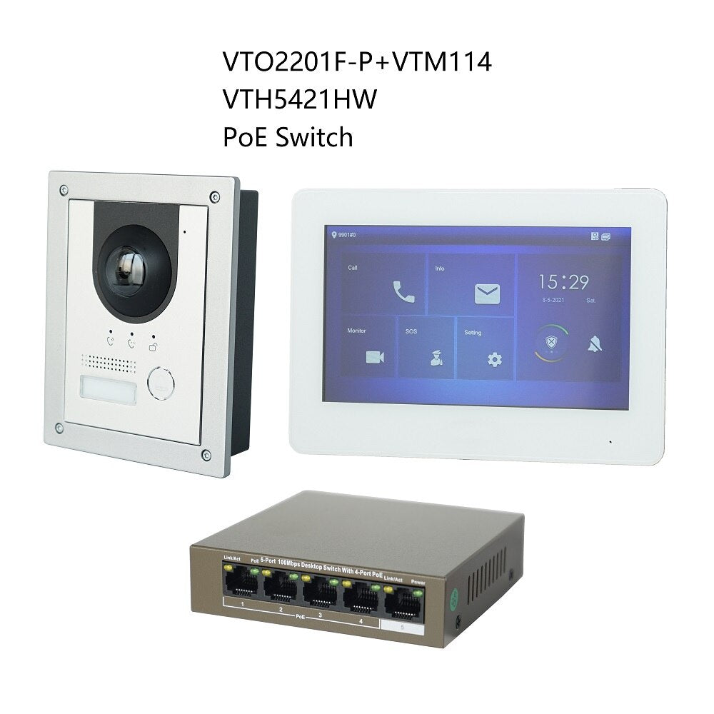 DH Multi-Language IP Video Intercom KIT,VTO2201F-P & VTH5421HW /VTH5421HB & PoE switch,support SIP, replace VTO2202F-P-S2