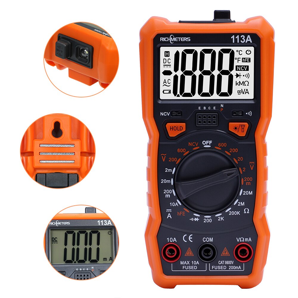 RICHMETERS RM113D NCV Digital Multimeter 6000 Counts Auto Ranging AC/DC Voltage Meter Flash Back Light Large Screen 113A/D