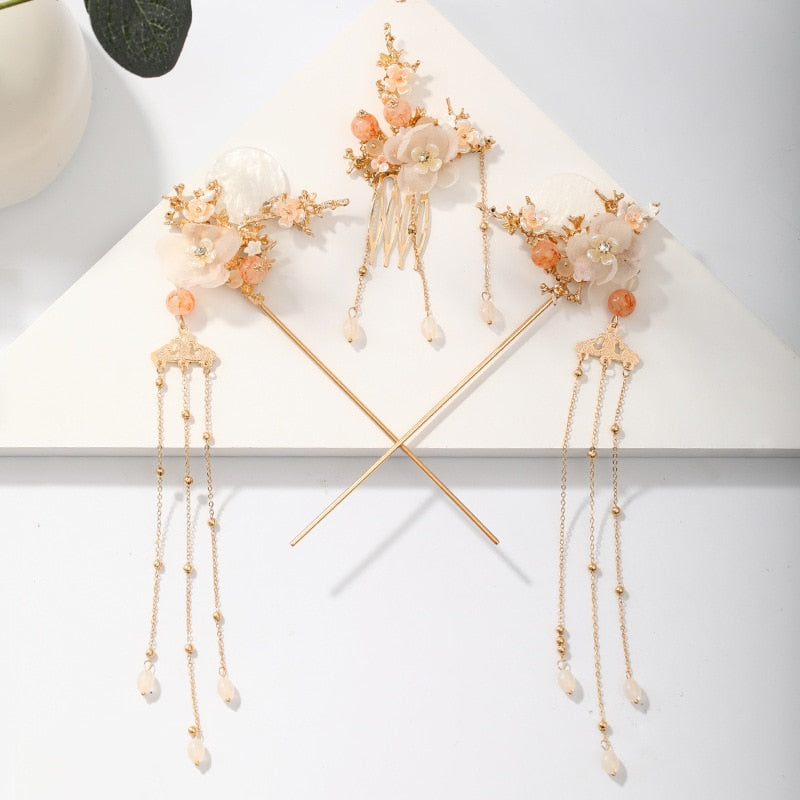 FORSEVEN Chinese Hair Accessories Women Flower Pearls Hairpins Long Tassel Headpieces Sticks Hair Comb Bridal Jewelry Sets