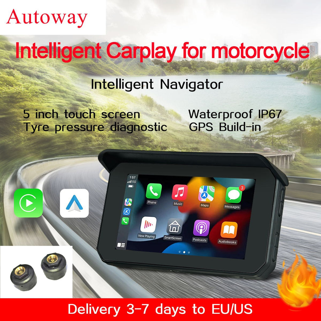 Autoway Waterproof Wireless Carplay for Motorcycle 5'' Touch Screen Android Auto with GPS TMPS Anti-shake Night Version Cameras