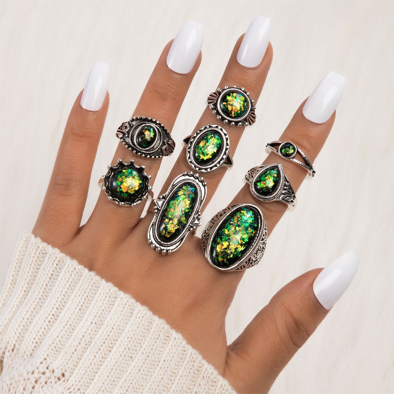 Tocona Vintage Antique Silver Color Rings Sets Colorful Opal Crystal Stone Carve for Women Men Bohemian Jewelry Anillos 6421