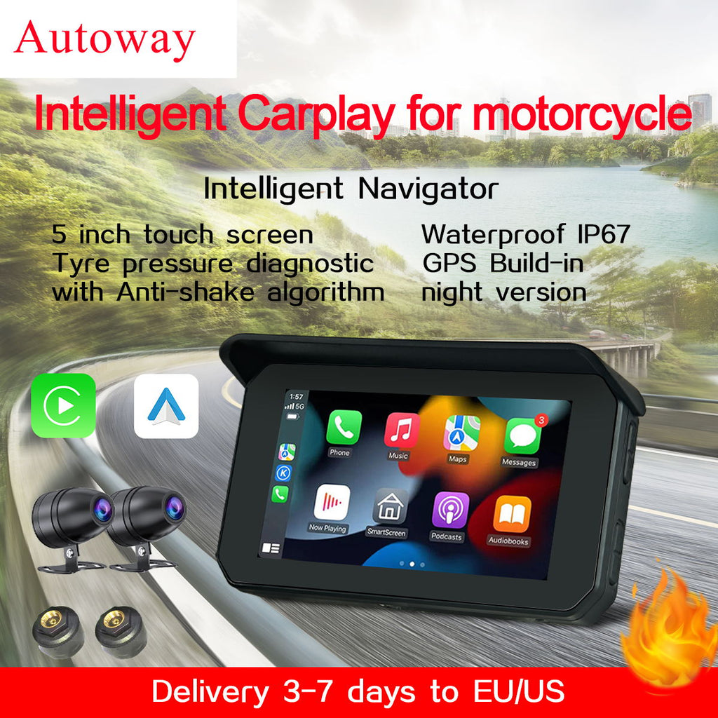 Autoway Waterproof Wireless Carplay for Motorcycle 5'' Touch Screen Android Auto with GPS TMPS Anti-shake Night Version Cameras