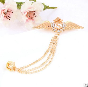 Korean British Style Crown Bird Brooch Cross Suit Tassel Chain Lapel Pin Angle Wings Badge Retro Female Corsage Men Accessories