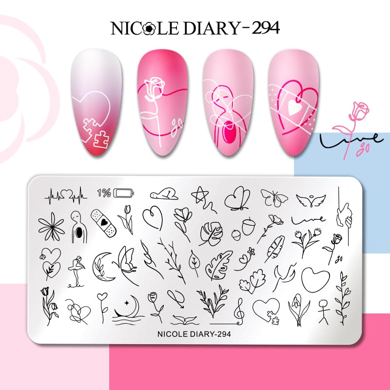 NICOLE DIARY Leaves Flower Stripe Design Stamping Plates Abstract Lady Face Nail Stamp Templates Leaf Floral Printing Stencil