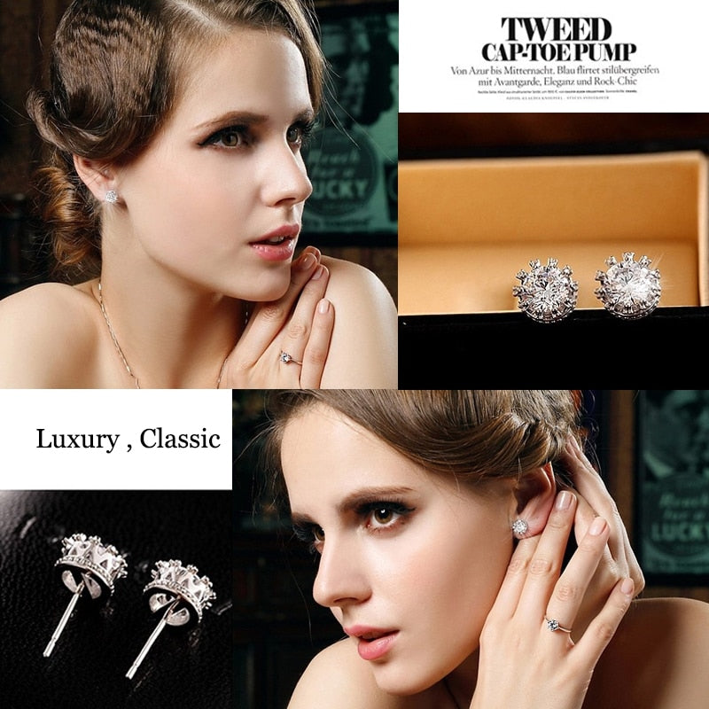 Classic Shining Zircon Small Stud Earrings in Gold Color Crystal Earrings for Women Girls, Fashion Crown Jewelry.