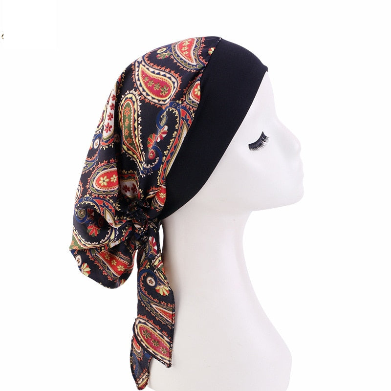 Women Printed Pre-tie Headscarf Elastic Muslim Female Turban Cancer Chemo Hat Hair Loss Cover Head Wrap Headwear Stretch Bandana