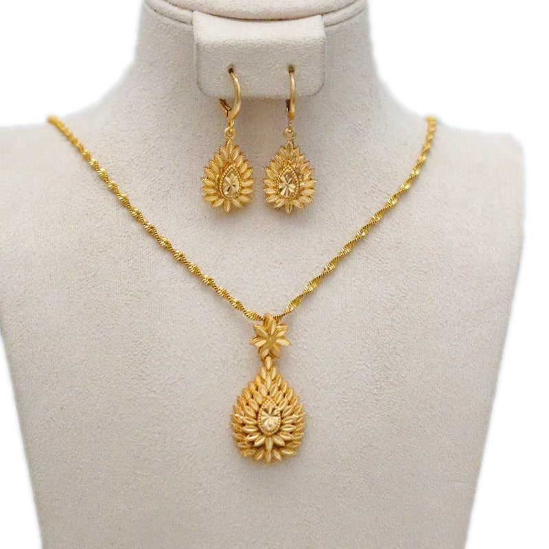 24k Gold Plated Ethiopian Earrings Pendant Necklace Set Dubai Women's Jewelry Set Africa India Nigeria Wedding Gift Party Jewelr
