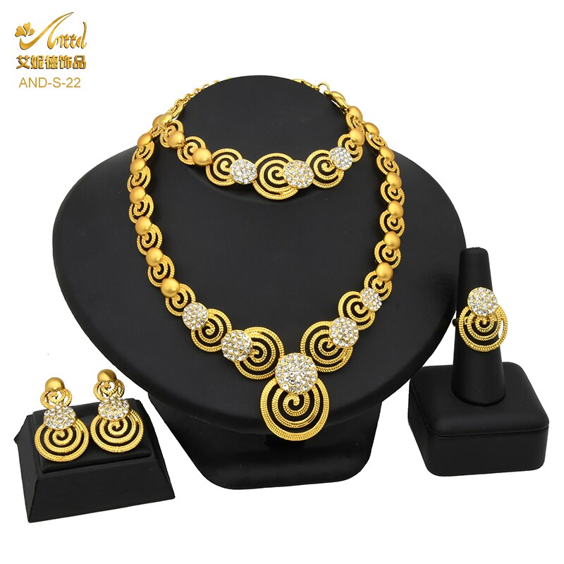 ANIID African Jewelry Set Big Necklace Dubai Ethiopian Gold Color Jewelery Earring Bracelet For Women Bridal Choker Wholesale