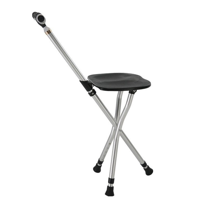 2in1 Folding Walking Stick Tripod Stool Adjustable Height Anti-Slip Elderly Walking Cane Crutch Chair Rest Stool with LED Light