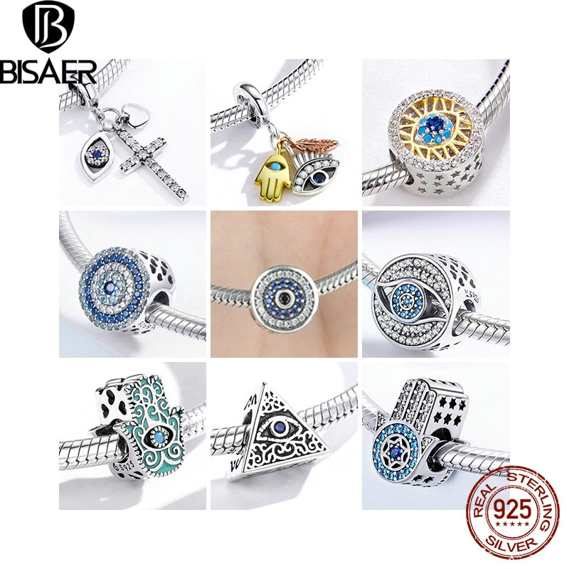 BISAER 925 Sterling Silver Vintage Blue Demon Eye Charm Bead Hand of Fatima Pendant Fit Woman Original Bracelet Fine DIY Jewelry