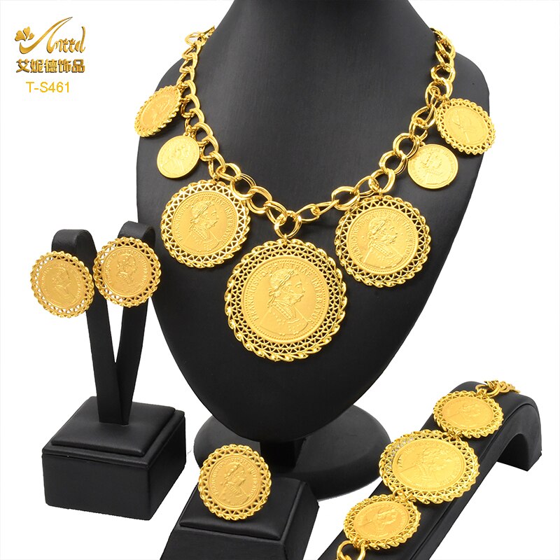 ANIID Dubai Gold Plated Coin Necklace Bracelet Jewelry Sets For Women African Ethiopian Bridal Wedding Luxury Jewellery Gifts