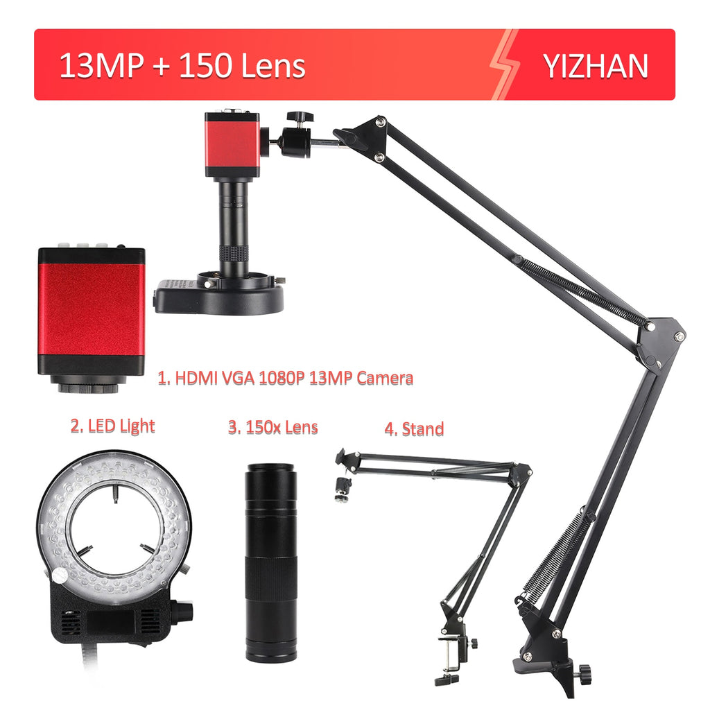 Microscopio Digital HDMI para electrónica, cámara de microscopio VGA de 13MP, lente de montaje opcional 130/150X C, soporte en voladizo para reparación