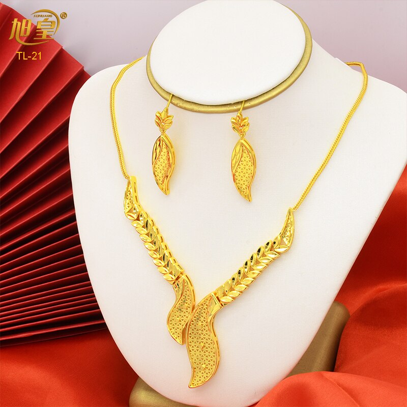 XUHUANG Dubai 24K Plated Necklace Earring Set Arabic Ethiopian Nigerian Banquet Wedding Party Necklace Choker Jewellery Set Gift