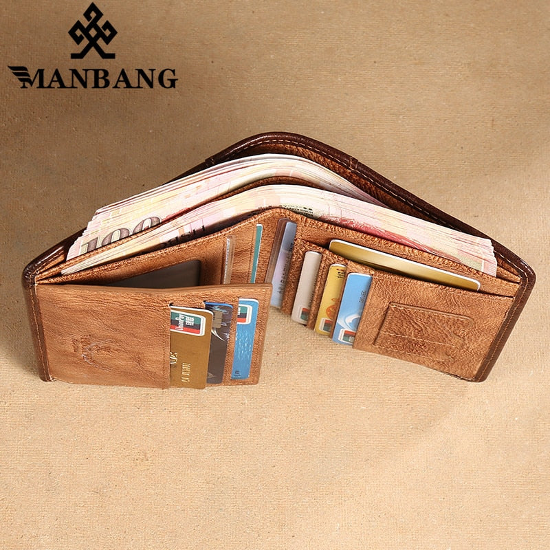 Manbang Men's Wallets RFID Genuine Leather Trifold Wallets For Men with ID Window and Credit Card Holder