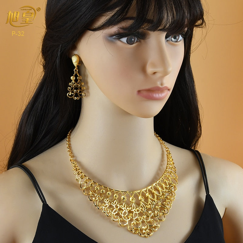 XUHUANG Ethiopian Gold Plated Jewelry Set For Women Dubai Bridal Wedding Necklace And Earring Set Moroccan African Jewelry Gift