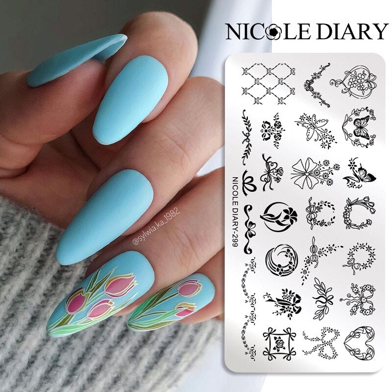 NICOLE DIARY Leaves Flower Stripe Design Stamping Plates Abstract Lady Face Nail Stamp Templates Leaf Floral Printing Stencil