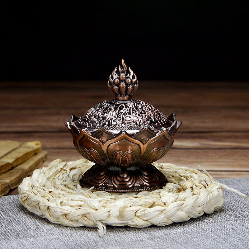 ERMAKOVA Lotus Flower Chinese Buddha Alloy Metal Incense Burner Incense Holder Handmade Censer Bowl Buddhist Home Decoration