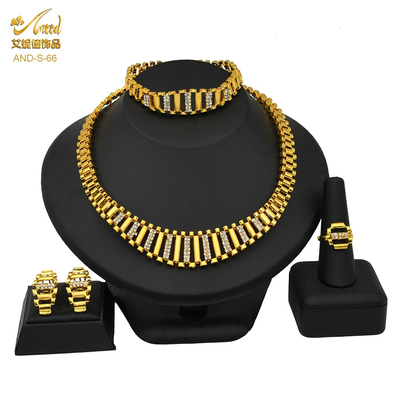 ANIID African Jewelry Set Big Necklace Dubai Ethiopian Gold Color Jewelery Earring Bracelet For Women Bridal Choker Wholesale