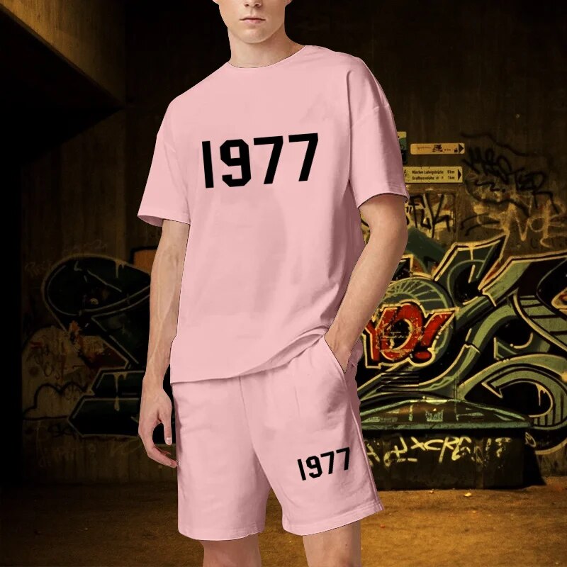 New 1977 Graphic Luxury Short Sets Oversized Cotton Mens Sets Harajuku Streetwear Quality T-shirt Shorts Outfits Free Shipping
