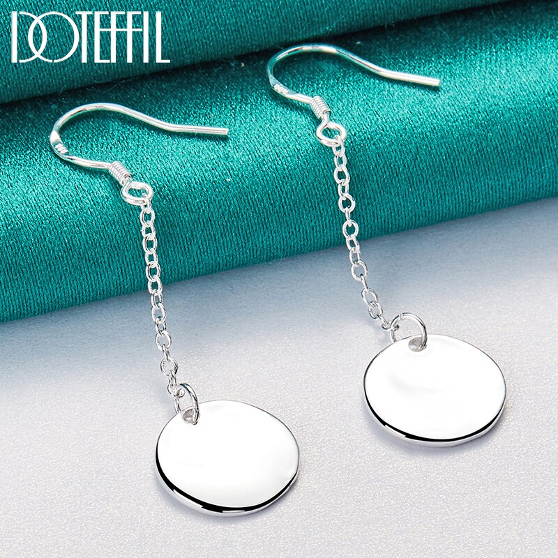 DOTEFFIL 925 Sterling Silver Smooth Bump Round Long Drop Earrings For Woman Wedding Engagement Fashion Party Charm Jewelry