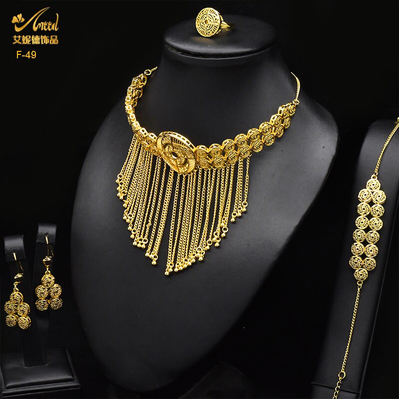 ANIID Dubai Tassel Gold Plated Jewelry Sets For Women Fashion Indian Bridal Necklace And Earring 4Pcs Set Ethiopian Party Gifts