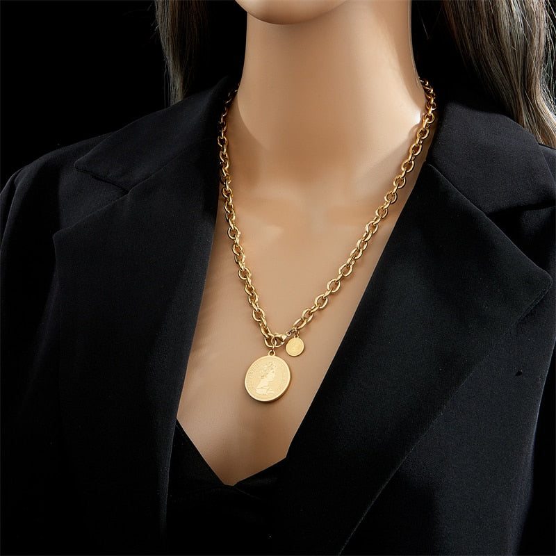 DIEYURO 316L Stainless Steel Gold Color Hip Hop Round Portrait Coin Necklace For Women Men Fashion Trend Girl Jewelry Gift Joyas