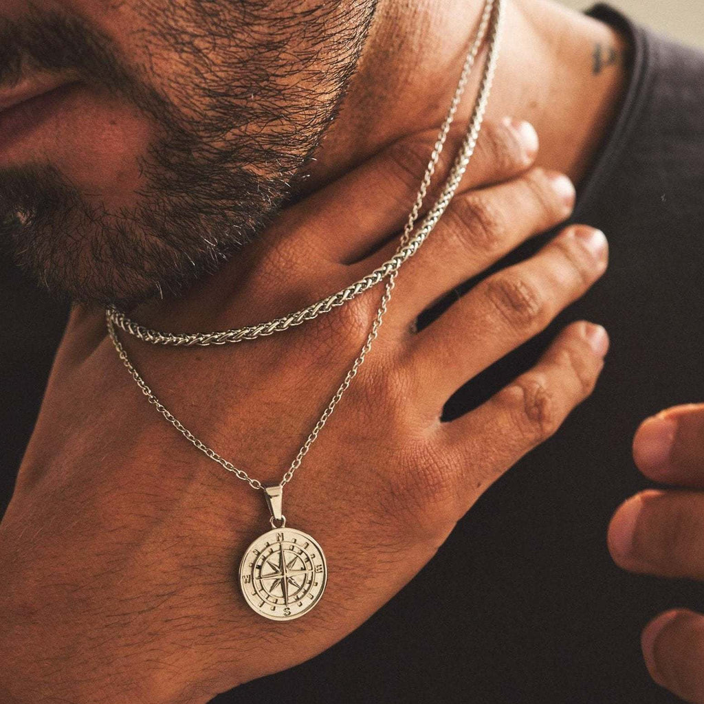 Vnox Layered Necklaces for Men, Sailing Travel Compass Pendant, Stainless Steel Cuban Figaro Wheat Chain, Casual Retro Collar