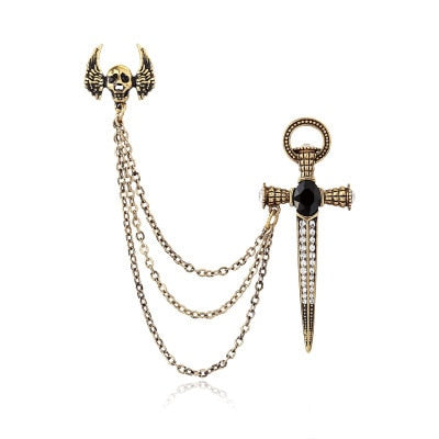 Korean British Style Crown Bird Brooch Cross Suit Tassel Chain Lapel Pin Angle Wings Badge Retro Female Corsage Men Accessories