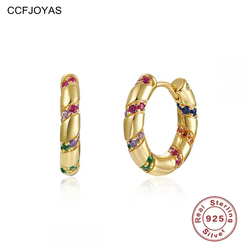 CCFJOYAS High-Quality 925 Sterling Silver Hoop Earrings for Women Rainbow Gold color Round Circle Earrings Fashion Jewelry