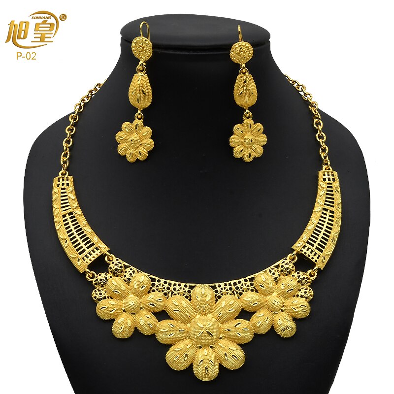 XUHUANG Ethiopian Gold Plated Jewelry Set For Women Dubai Bridal Wedding Necklace And Earring Set Moroccan African Jewelry Gift