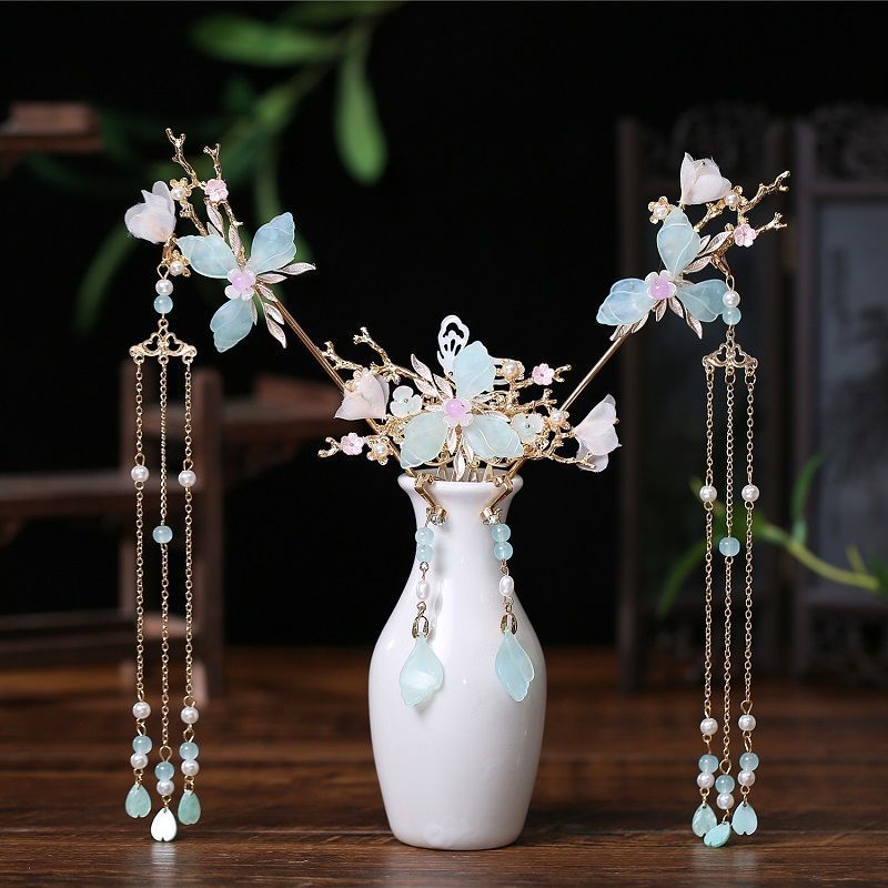 FORSEVEN Chinese Hair Accessories Women Flower Pearls Hairpins Long Tassel Headpieces Sticks Hair Comb Bridal Jewelry Sets