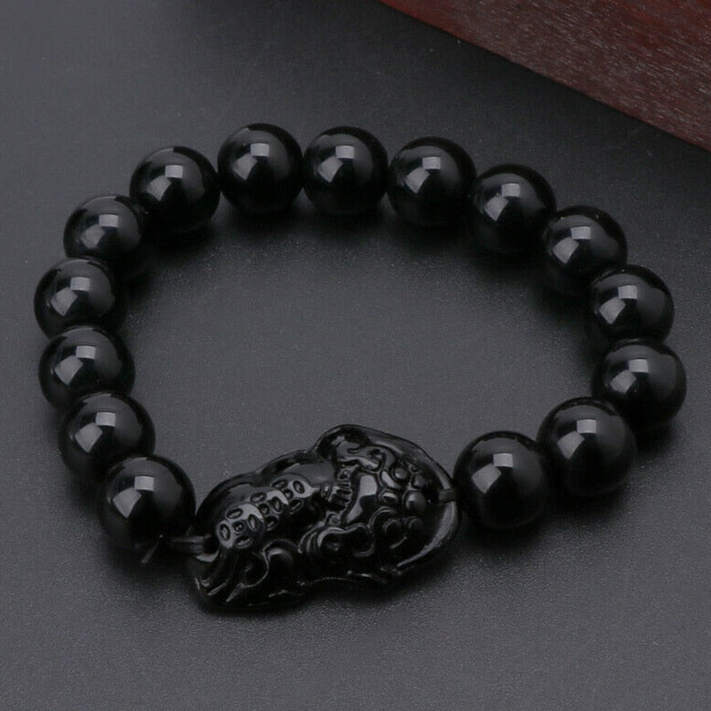 Stone Beads Bracelet Men Women Unisex Chinese Feng Shui Pi Xiu Obsidian Wristband Gold Wealth & Good Luck Pixiu Women Bracelets