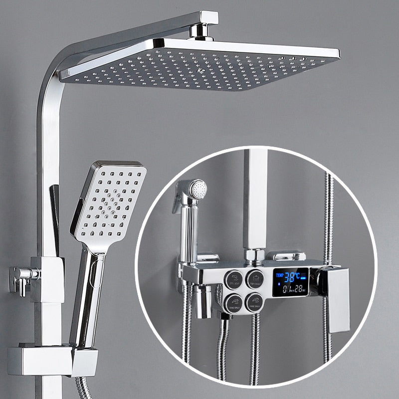 Hot and Cold Digital Shower Set Faucet Bathroom Shower System Black Gold Shower Faucet Square Shower Head  Bath Shower System