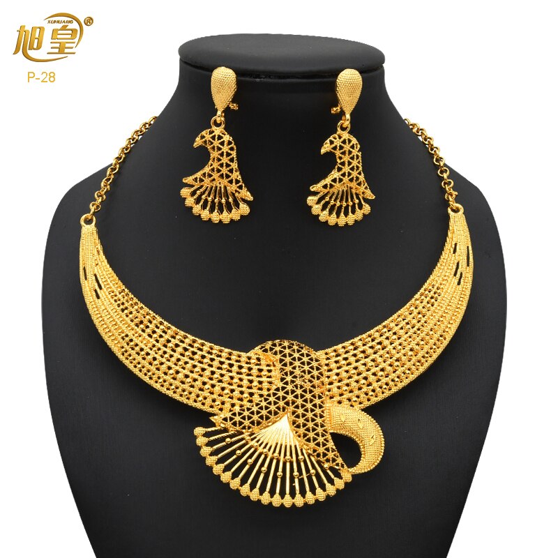 XUHUANG Dubai 24K Plated Necklace Earring Set Arabic Ethiopian Nigerian Banquet Wedding Party Necklace Choker Jewellery Set Gift