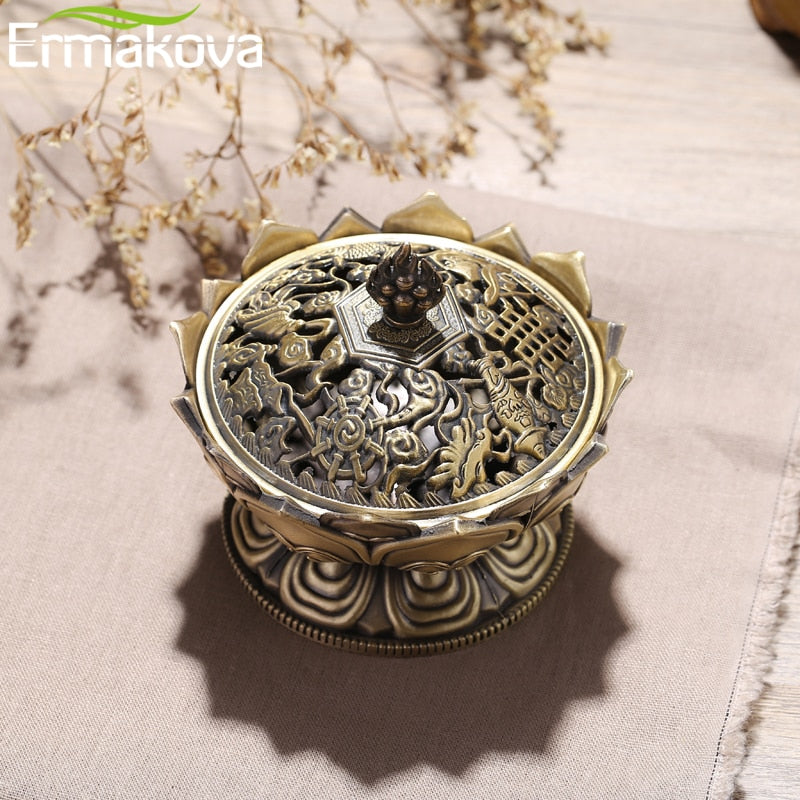 ERMAKOVA Lotus Flower Chinese Buddha Alloy Metal Incense Burner Incense Holder Handmade Censer Bowl Buddhist Home Decoration