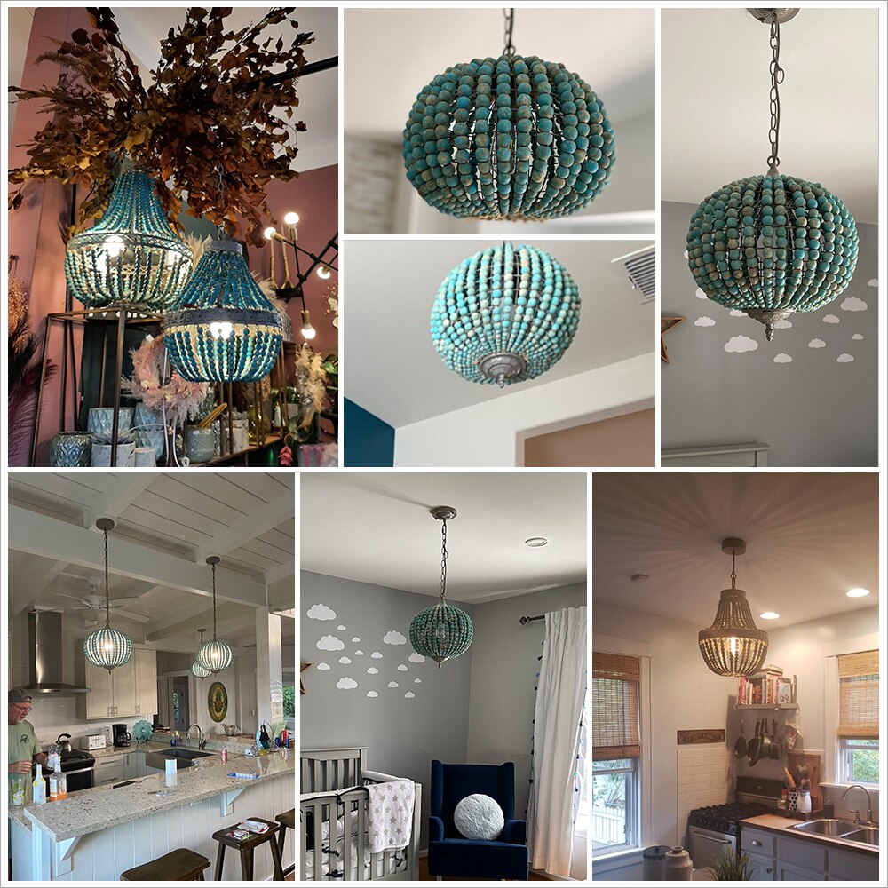 Retro loft vintage rustic round wooden beads chandelier E27 LED hanging lamp decor lights modern for living room hotel kitchen